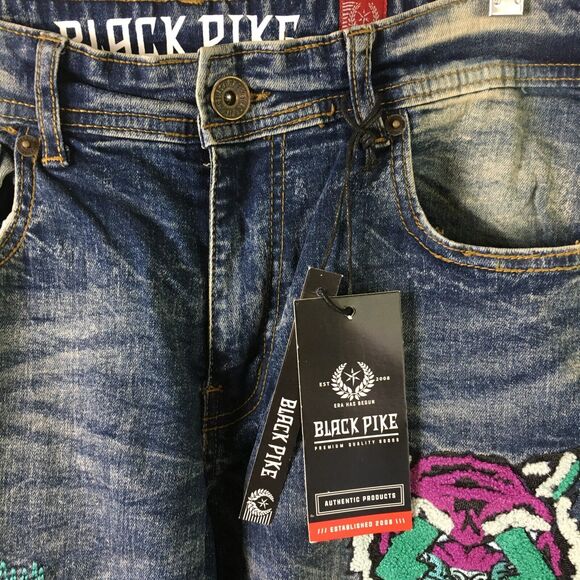 NWT BLACK PIKE LEGEND Embroidered Distressed Biker Stretch Slim Denim Jean 38X32 - Picture 8 of 16